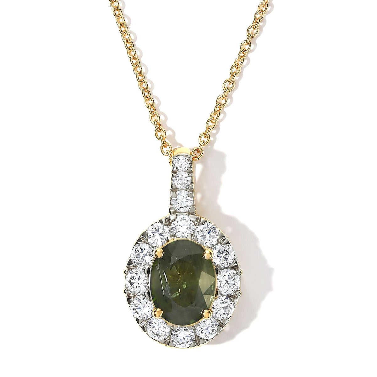 Certified and Appraised 10K Yellow Gold AAA Sapucaia Green Sapphire, Luxuriant Lab Grown Diamond (G-H, SI) (0.64 cts) Pendant Necklace (18 Inches) 2.20 ctw
