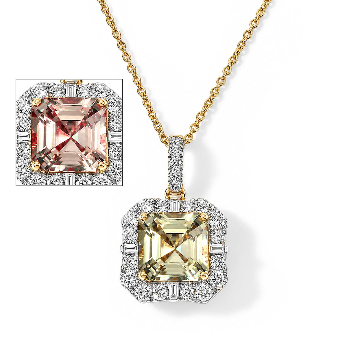 Certified and Appraised Asscher Cut AAA Turkizite and Luxuriant Lab Grown Diamond G-H SI 3.60 ctw Pendant Necklace in 10K Yellow Gold 18 Inches
