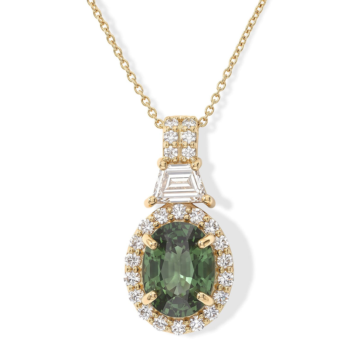10K Yellow Gold AAA Green Sapphire, Lab Grown Diamond (E-F, VS) (0.65 cts) Pendant Necklace (20 Inches) 3.13 ctw