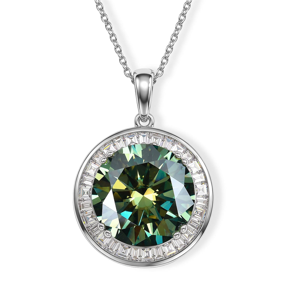 Certified and Appraised D''Joy Green and White Moissanite (Rnd 14mm) Pendant Necklace (18 Inches) in Rhodium Over Sterling Silver 10.80 ctw