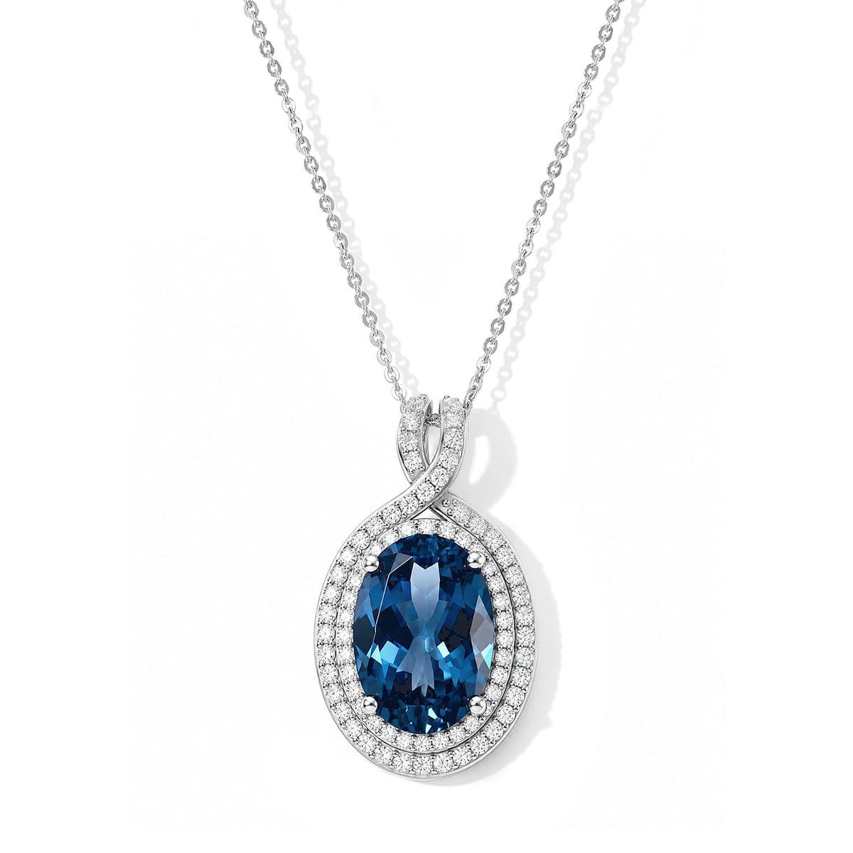 D''Joy Premium London Blue Topaz and Moissanite 7.40 ctw Pendant Necklace in Rhodium Over Sterling Silver 20 Inches