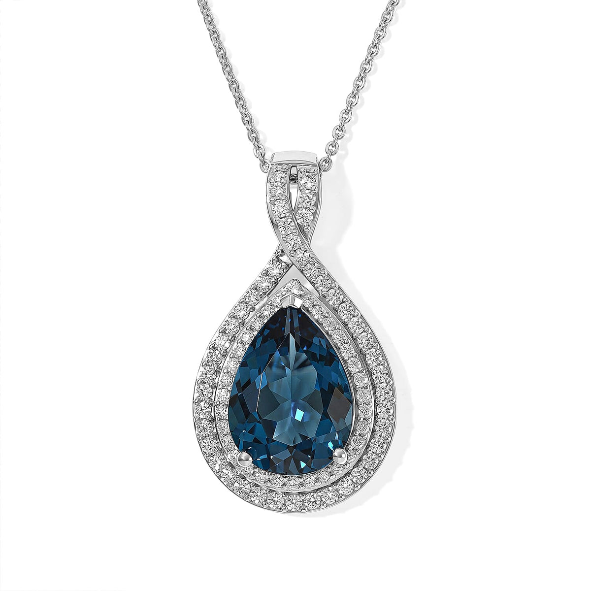D''Joy Premium London Blue Topaz and Moissanite 7.40 ctw Pendant Necklace in Rhodium Over Sterling Silver 20 Inches