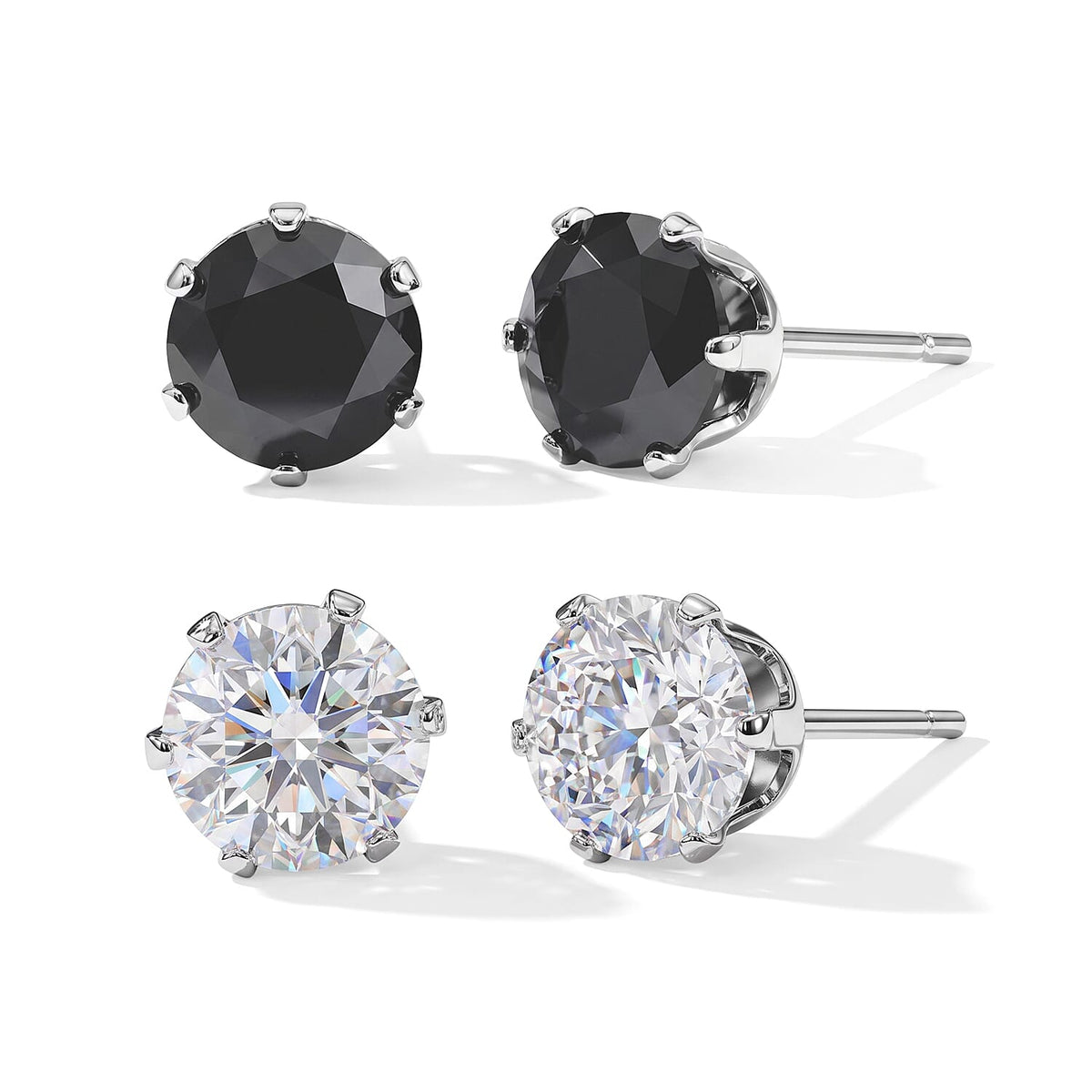 Set of 2 White and Black Stud Earrings Stainless Steel 5.72 ctw