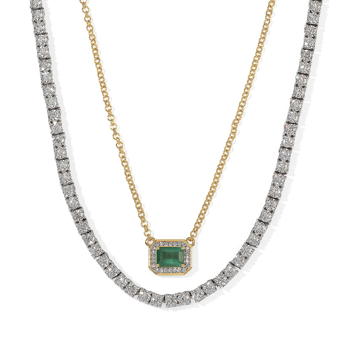 D''Joy Premium Kagem Zambian Emerald and Moissanite 18.35 ctw Set of 2 Necklace in 18K YG Vermeil and Rhodium Over Sterling Silver 18 Inches