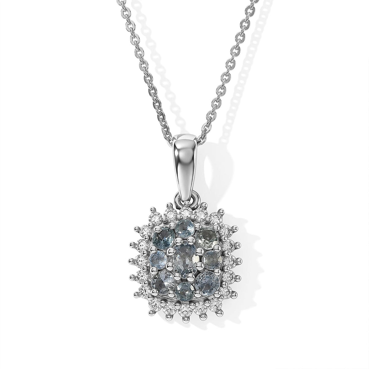 D''Joy Montana Sapphire, Moissanite Rockies Grand Mosaic Pendant Necklace (20 Inches) in Rhodium Over Sterling Silver 1.15 ctw