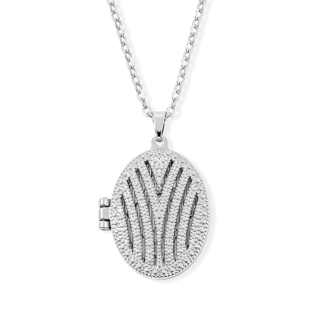 Oval Stipple Design Locket Pendant Necklace (18 Inches) in Silvertone