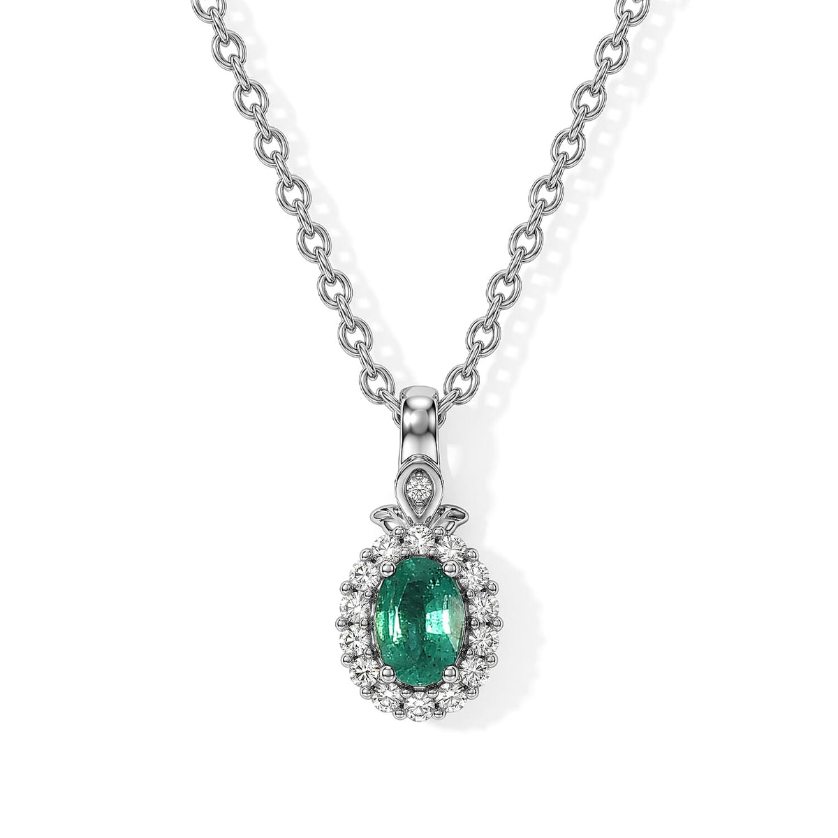 D''Joy Premium Kagem Zambian Emerald and White Zircon 0.70 ctw Pendant Necklace in Rhodium Over Sterling Silver 20 Inches