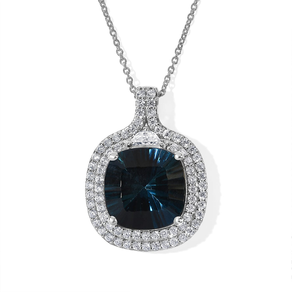 Certified and Appraised D'Joy Premium Concave Cut London Blue Topaz and Moissanite 11.65 ctw Pendant Necklace (18 Inches) in Rhodium Over Sterling Silver