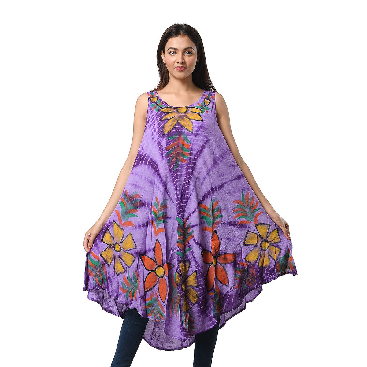 JOVIE Grey Spiral Tie Dye with Multi Floral Umbrella Dress - One Size Fits Most (48"L x 44"W)