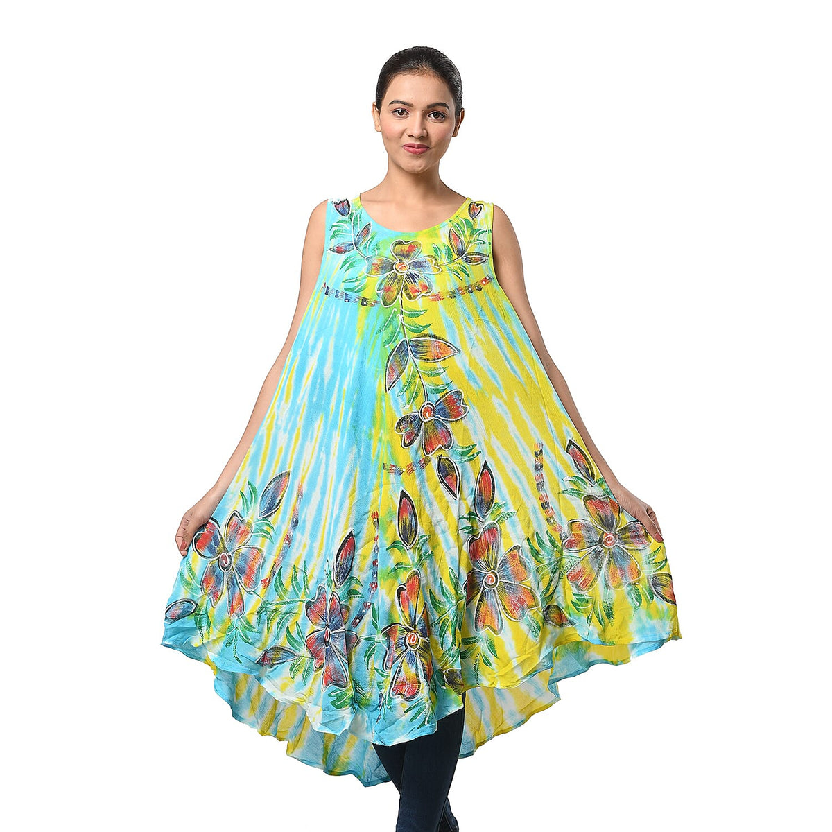 JOVIE Grey Spiral Tie Dye with Multi Floral Umbrella Dress - One Size Fits Most (48"L x 44"W)