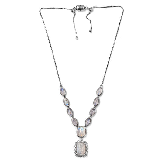 Premium Rainbow Moonstone, Zircon Necklace (19 Inches) in Platinum Over Sterling Silver 24.60 ctw