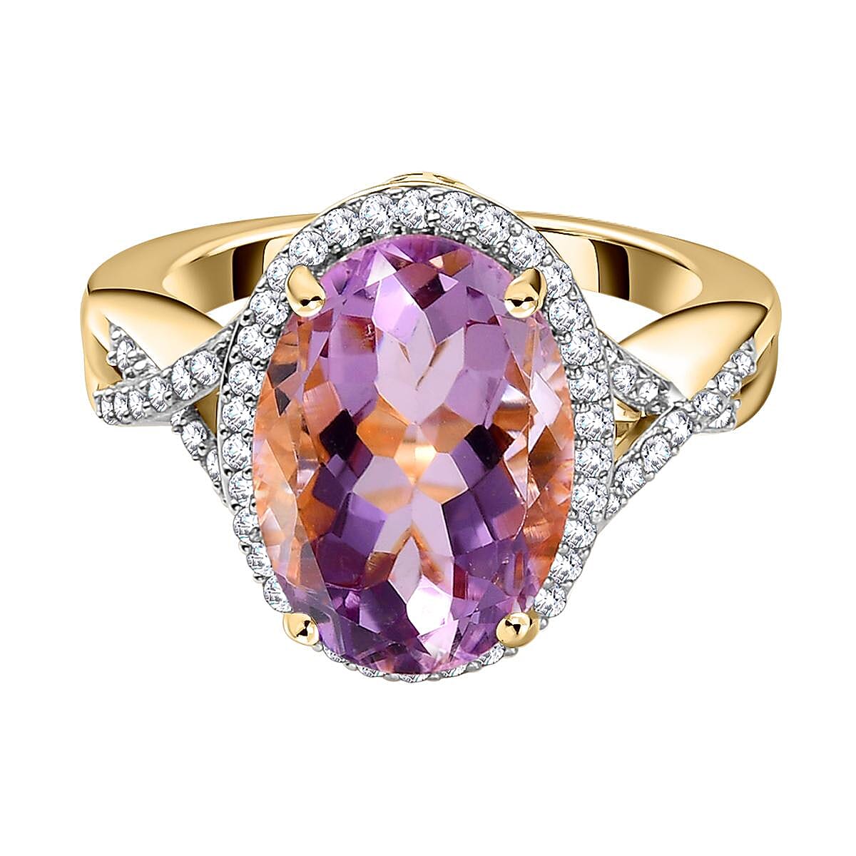 Rose De France Amethyst and White Zircon Ring in 14K YG Over Sterling Silver (Size 10.0) 5.98 ctw