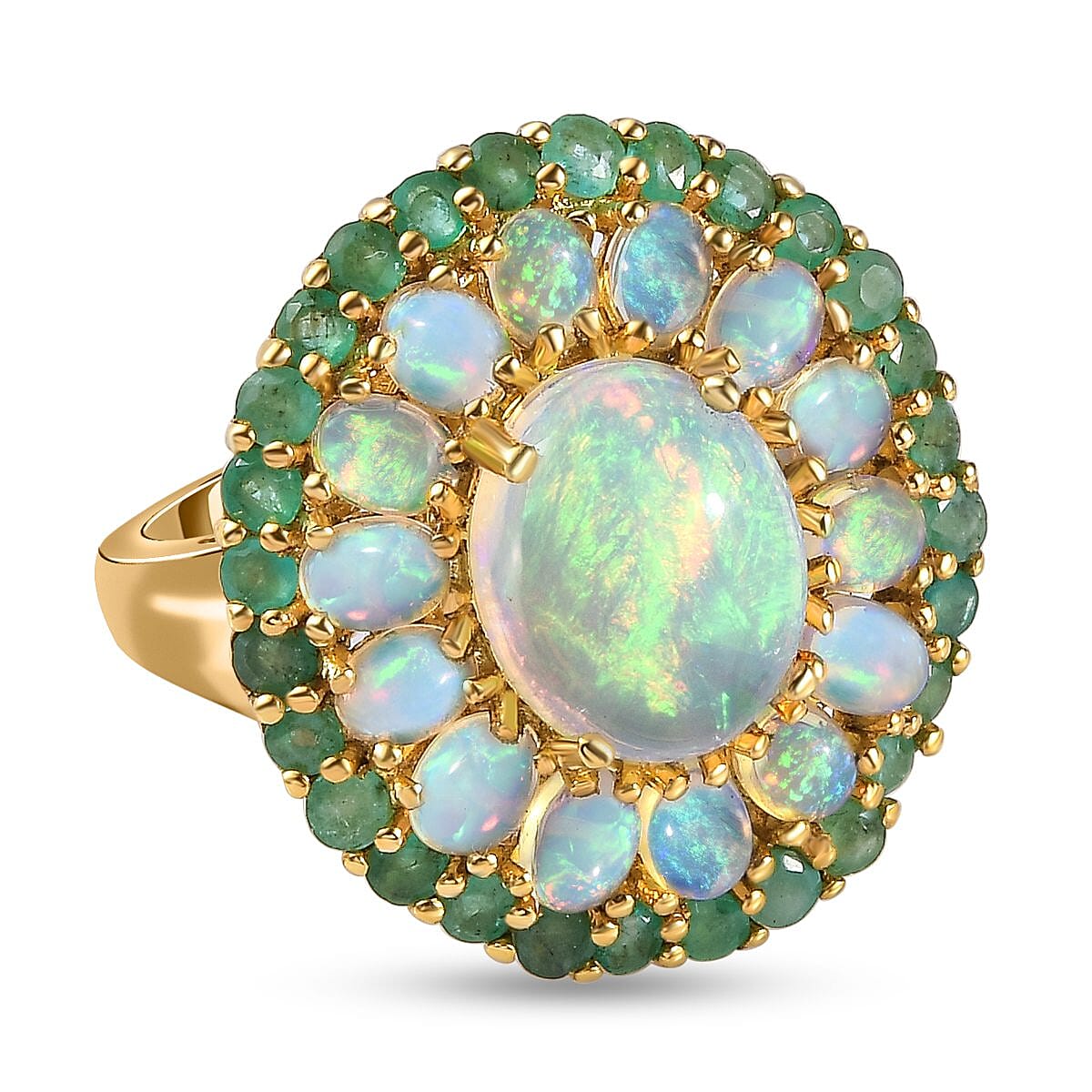 Ethiopian Welo Opal and Zambian Emerald Ring in 18K Vermeil YG Over Sterling Silver (Size 11.5) 5.24 ctw