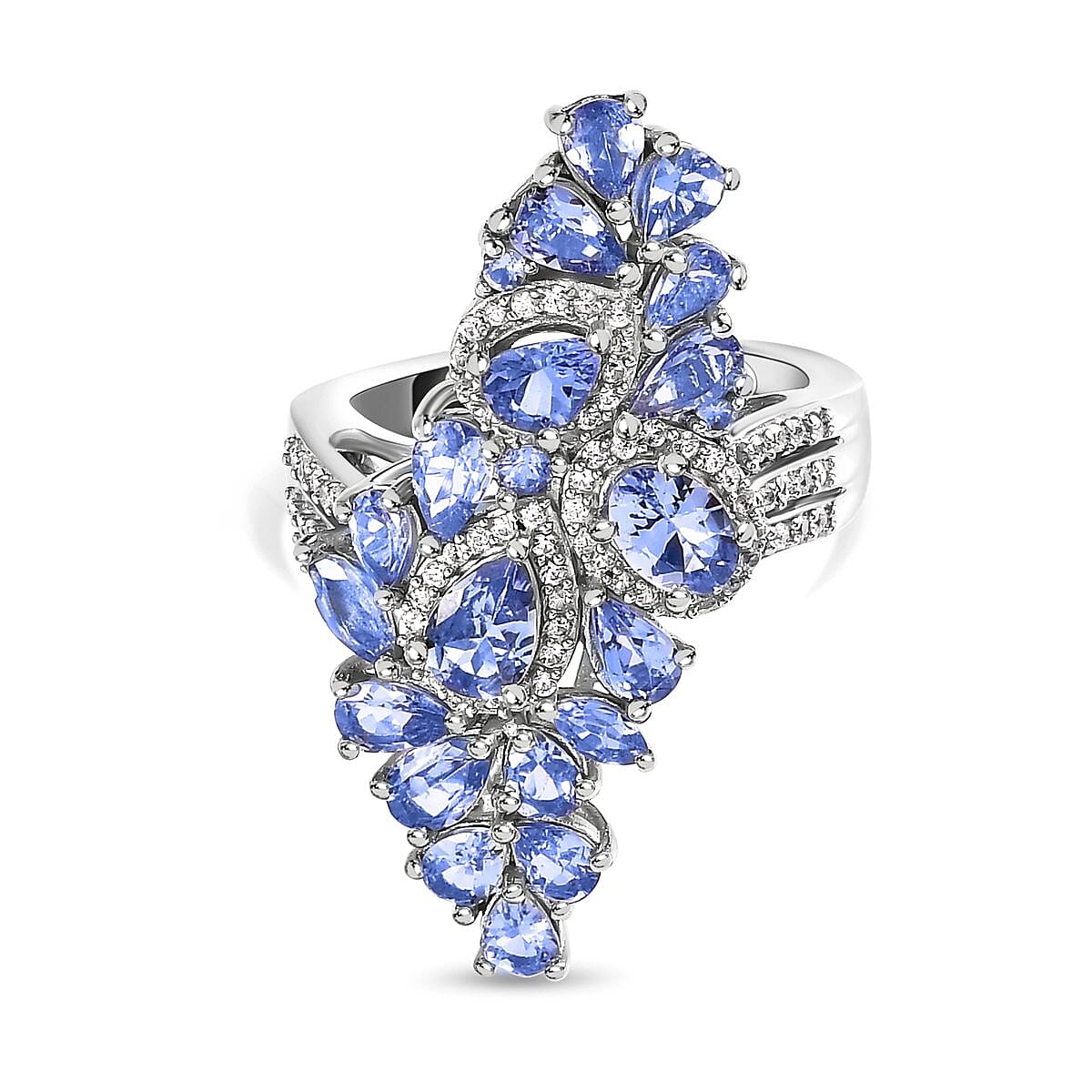 Tanzanite and White Zircon Ring in Platinum Over Sterling Silver (Size 10.0) 5.08 ctw