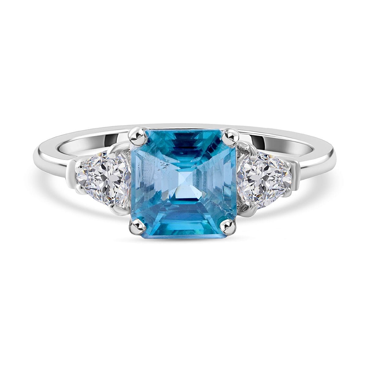 Blue Zircon and White Zircon Ring in Platinum Over Sterling Silver (Size 10.0) 2.75 ctw