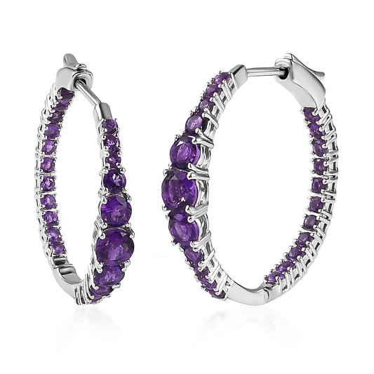 Premium African Amethyst Hoop Earrings in Rhodium Over Sterling Silver 3.50 ctw