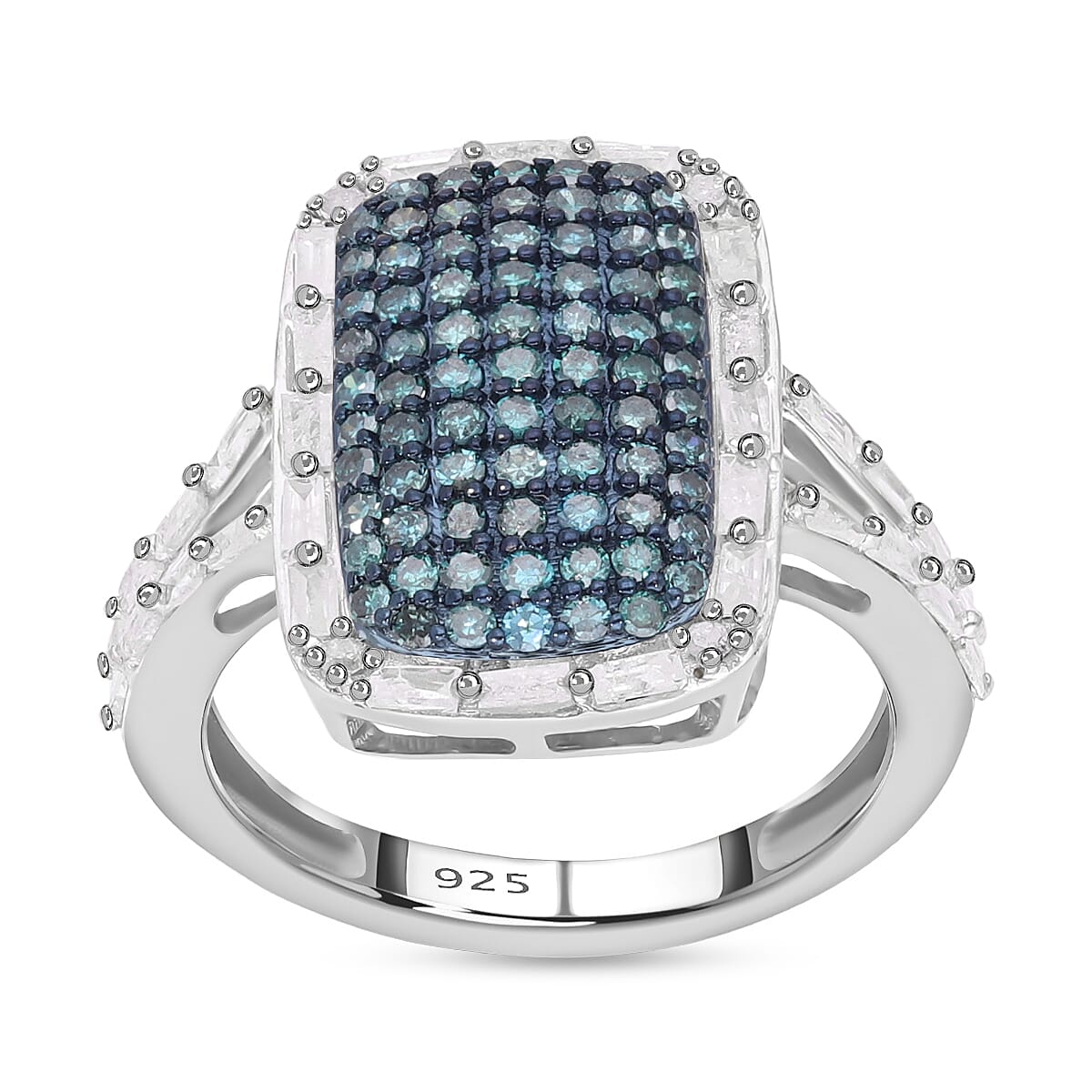 Blue and White Diamond Ring in Platinum Over Sterling Silver (Size 5.5) 0.99 ctw