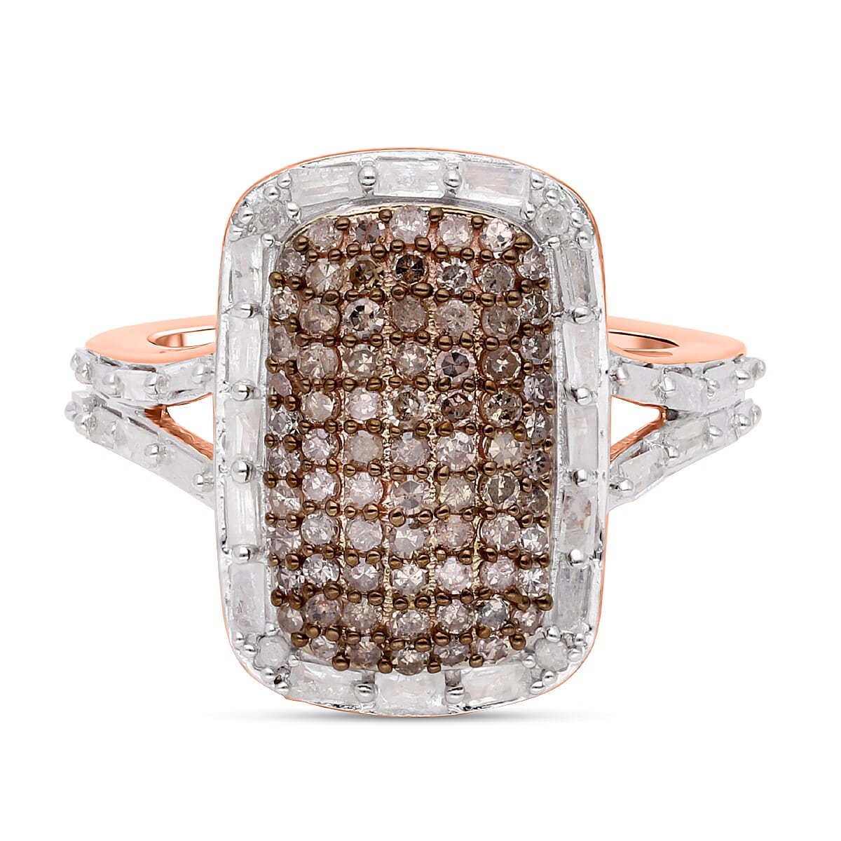 Natural Champagne and White Diamond Ring in 18K Vermeil RG Over Sterling Silver (Size 11.5) 0.99 ctw