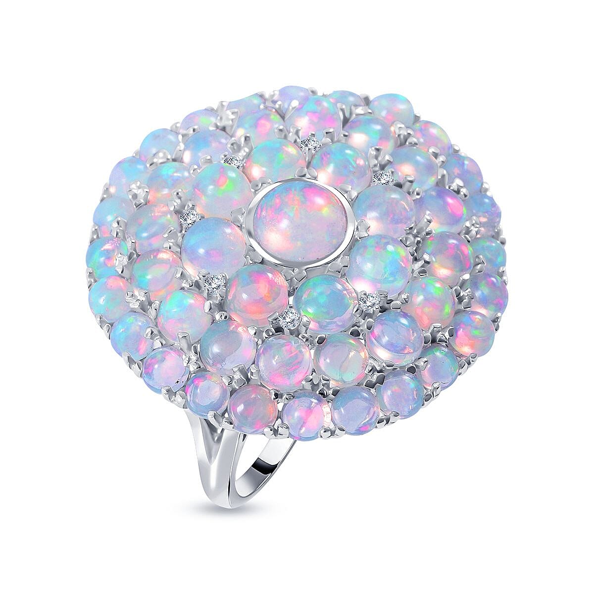 Ethiopian Welo Opal and White Zircon Ring in Platinum Over Sterling Silver (Size 6.5) 5.50 ctw