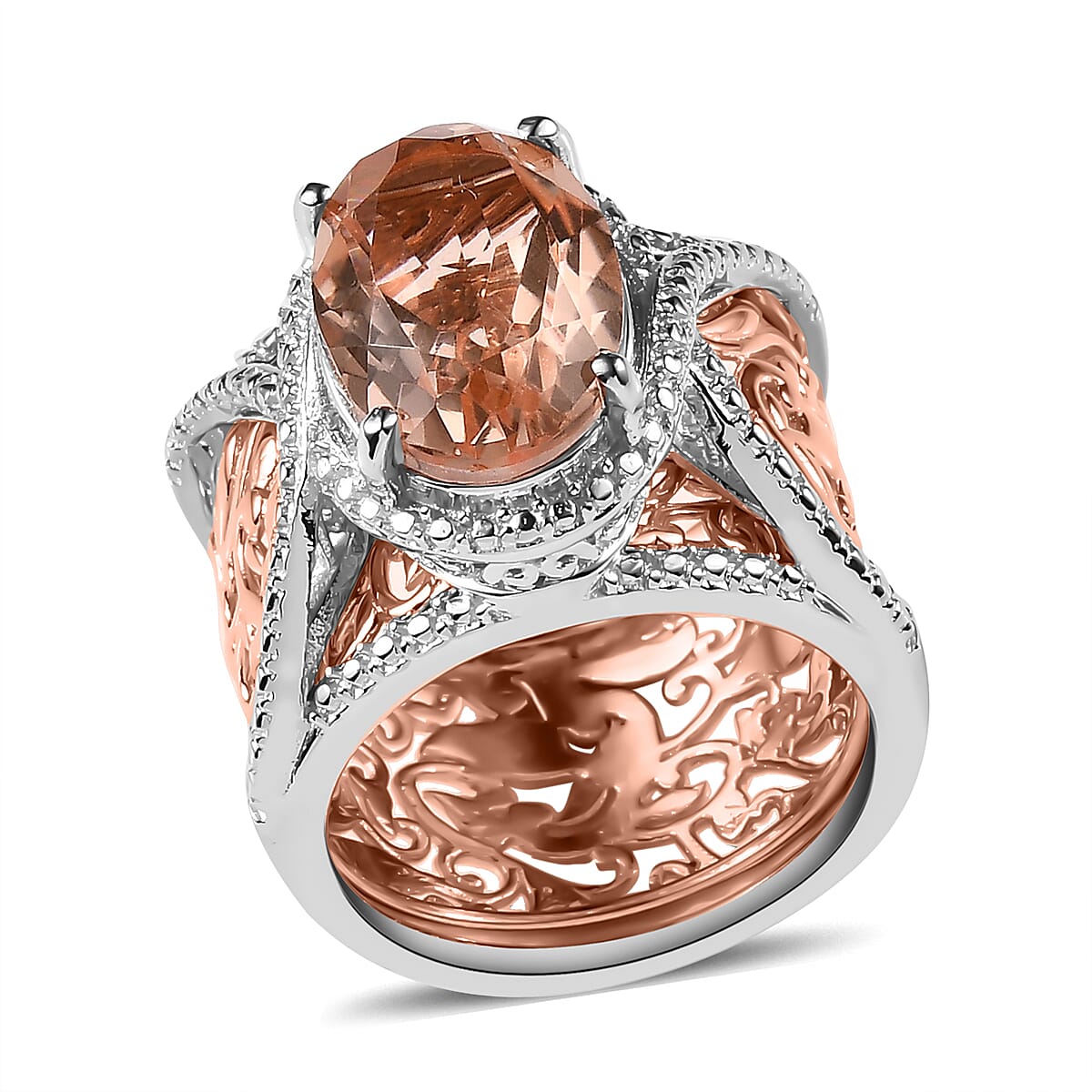 Morganique Quartz (Triplet) 6.15 ctw Ring in 18K RG Plated and Platinum Bond (Size 9.0)