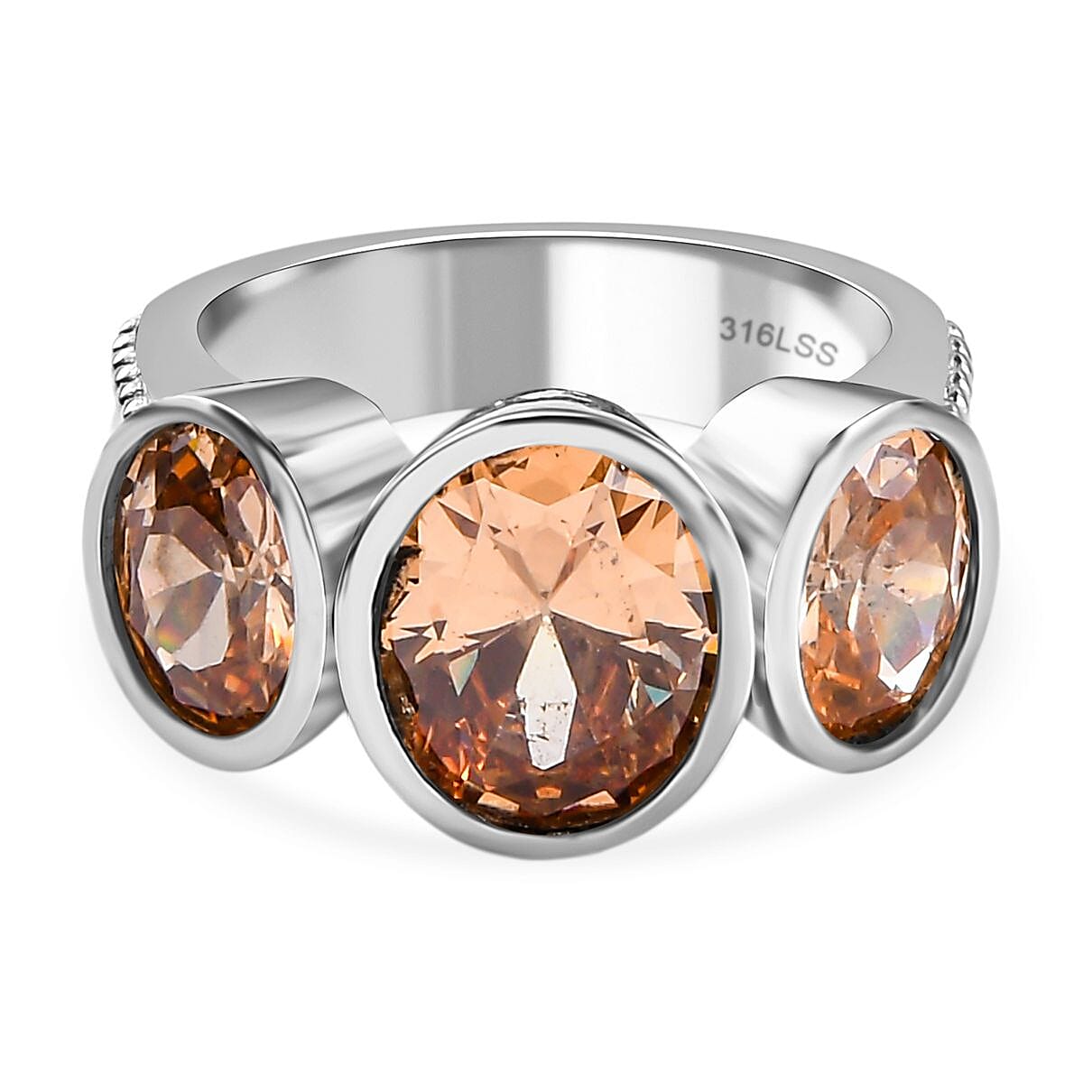 Simulated Champagne Diamond 3 Stone Ring in Stainless Steel (Size 8.0) 9.20 ctw