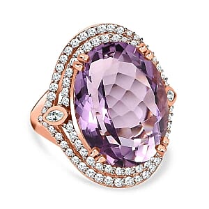 Rose De France Amethyst and White Zircon Ring in 14K RG Over Sterling Silver (Size 8.0) 21.47 ctw