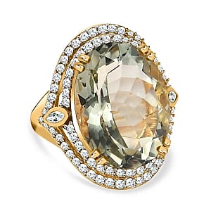 Prasiolite and White Zircon Ring in 14K YG Over Sterling Silver (Size 6.5) 21.47 ctw