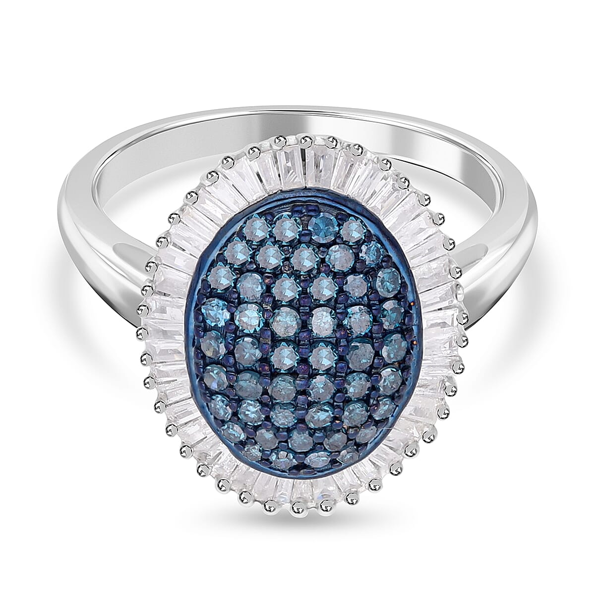 Blue and White Diamond Ring in Platinum Over Sterling Silver (Size 10.0) 1.00 ctw