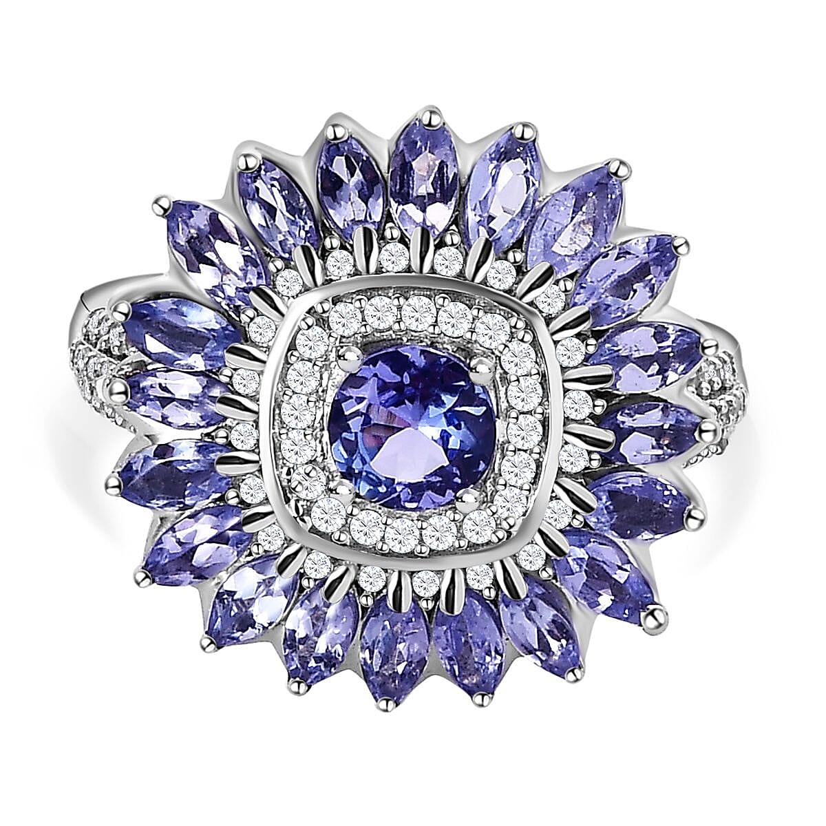 Tanzanite and White Zircon Ring in Platinum Over Sterling Silver (Size 11.5) 3.17 ctw