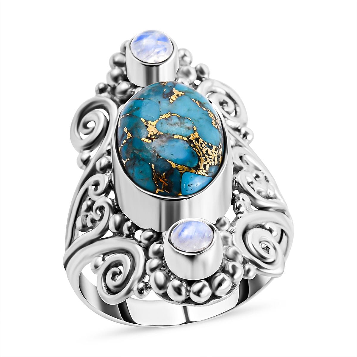 Turquoise, Rainbow Moonstone Ring in Sterling Silver (Size 8.0) 8.16 ctw