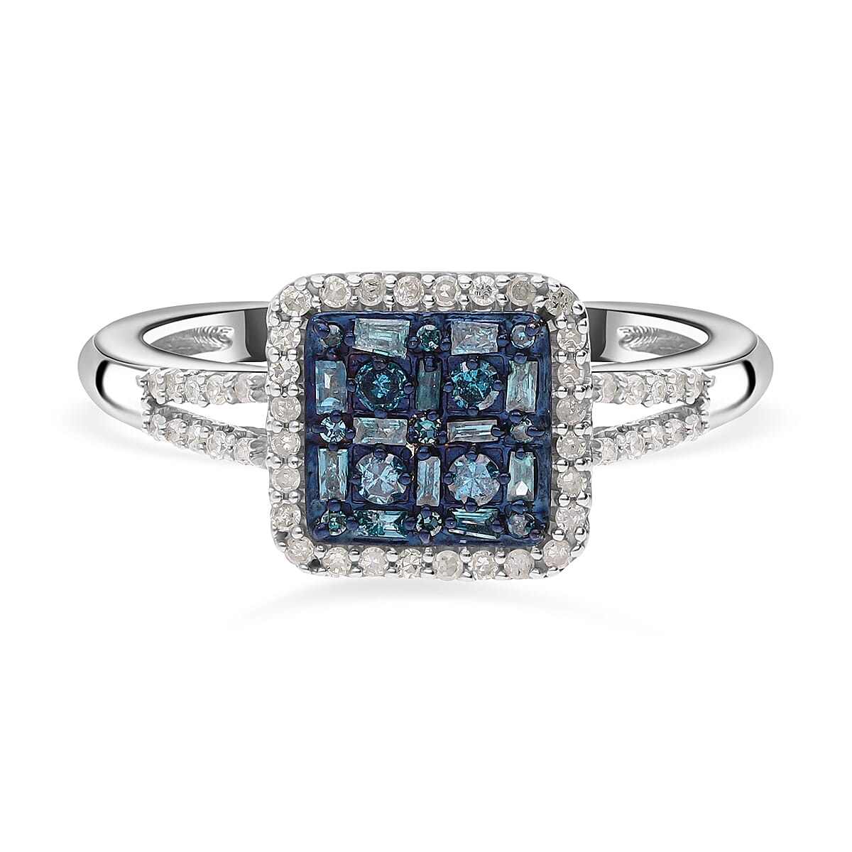Blue and White Diamond Ring in Platinum Over Sterling Silver (Size 10.0) 0.50 ctw