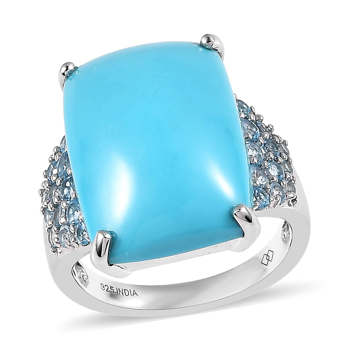 Premium Sleeping Beauty Turquoise, Swiss Blue Topaz Ring in Rhodium Over Sterling Silver (Size 7.0) 12.50 ctw..