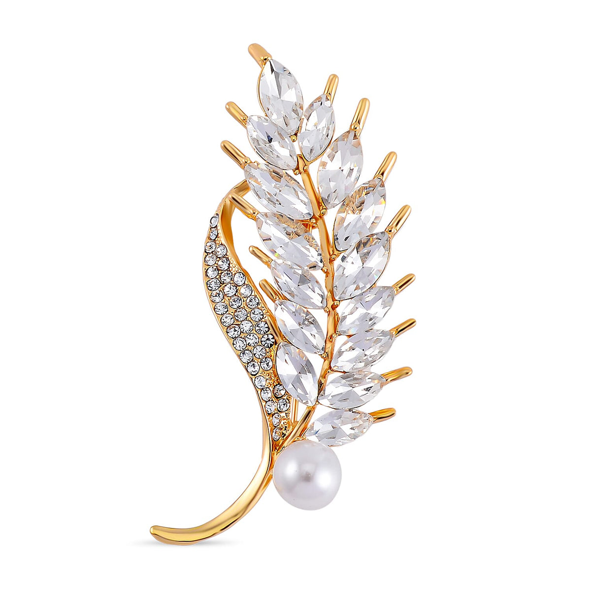 Plastic Pearl, White Swarovski Crystal Brooch in Goldtone