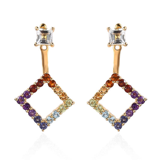 White Topaz, Multi Gemstone Fancy Earrings in 18K Vermeil YG Over Sterling Silver 2.20 ctw