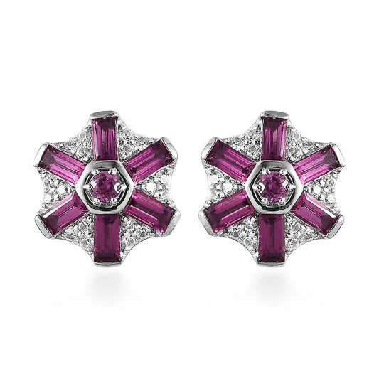 Premium Orissa Rhodolite Garnet, White Zircon Earrings in Rhodium Over Sterling Silver 2.35 ctw