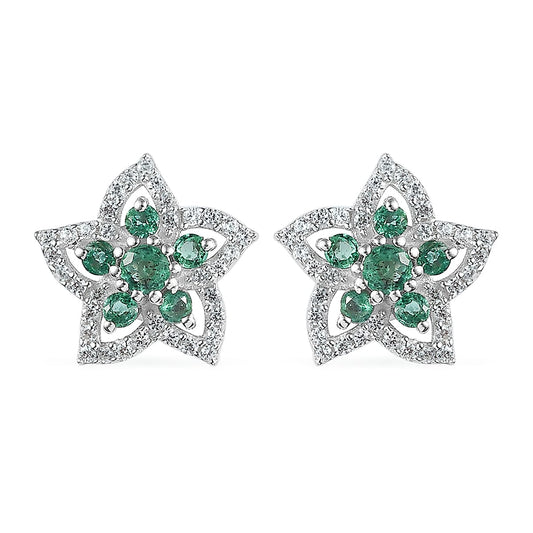 Premium Kagem Zambian Emerald, White Zircon Stud Earrings in Rhodium Over Sterling Silver 1.20 ctw