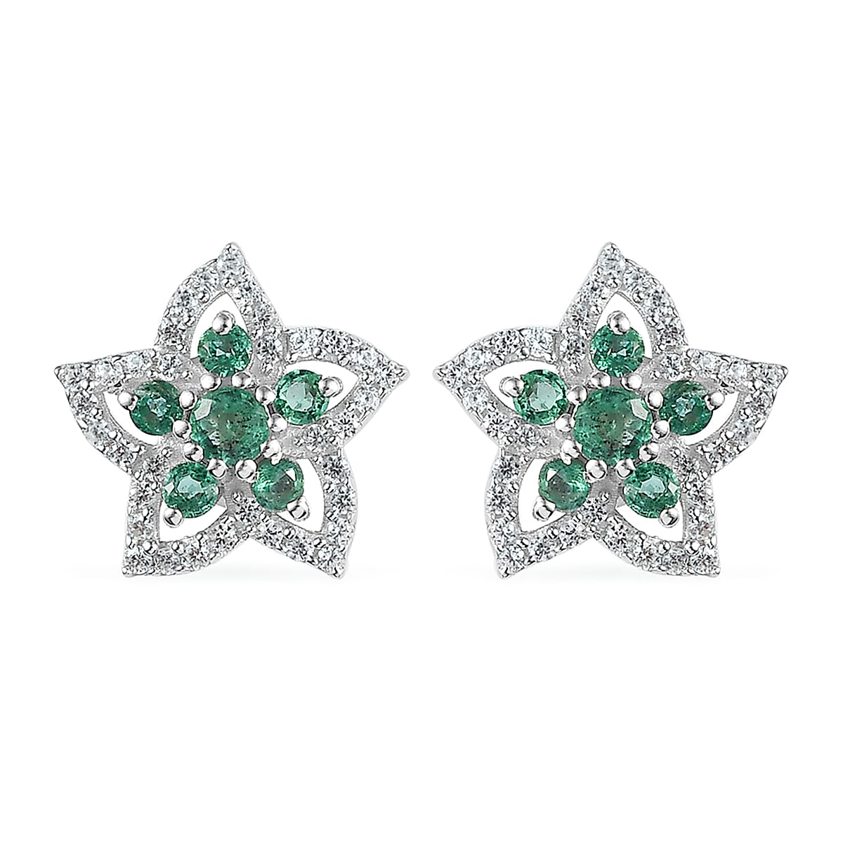 Premium Kagem Zambian Emerald, White Zircon Stud Earrings in Rhodium Over Sterling Silver 1.20 ctw