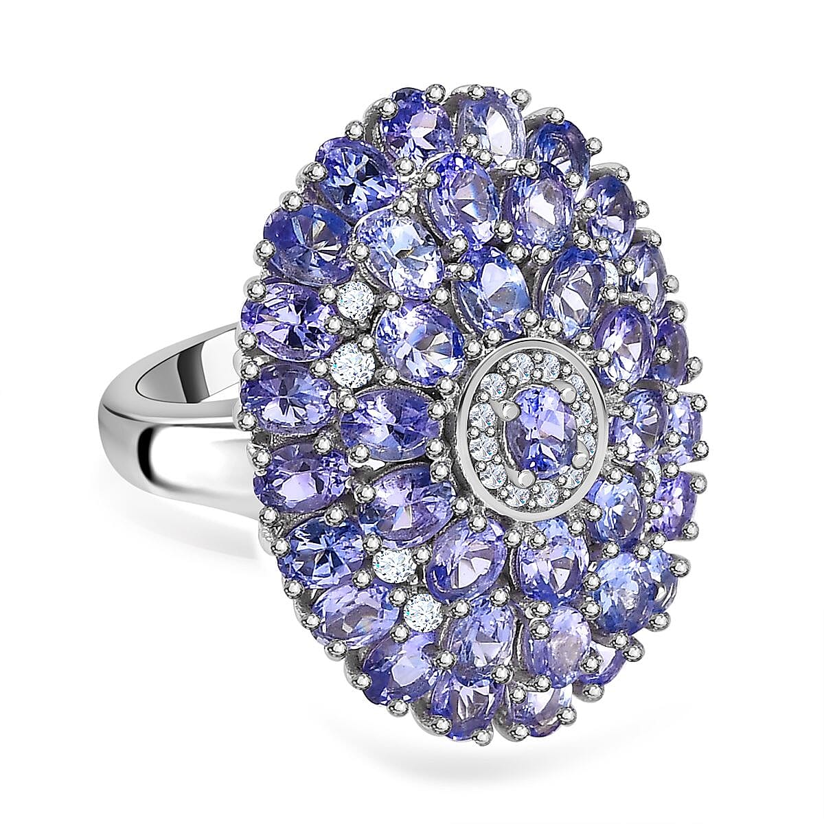 Tanzanite and White Zircon Ring in Platinum Over Sterling Silver (Size 11.5) 6.69 ctw