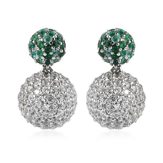 Premium Kagem Zambian Emerald, White Zircon Stud Earrings in Rhodium Over Sterling Silver 6.65 ctw
