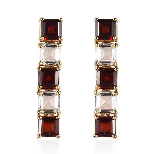 Premium Mozambique Garnet, White Topaz Stud Earrings in 18K Vermeil YG Over Sterling Silver 7.65 ctw