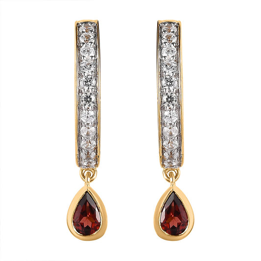 Premium Mozambique Garnet, White Zircon J Hoop Earrings in 18K Vermeil YG Over Sterling Silver 2.10 ctw