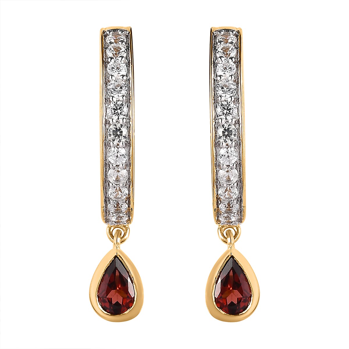 Premium Mozambique Garnet, White Zircon J Hoop Earrings in 18K Vermeil YG Over Sterling Silver 2.10 ctw