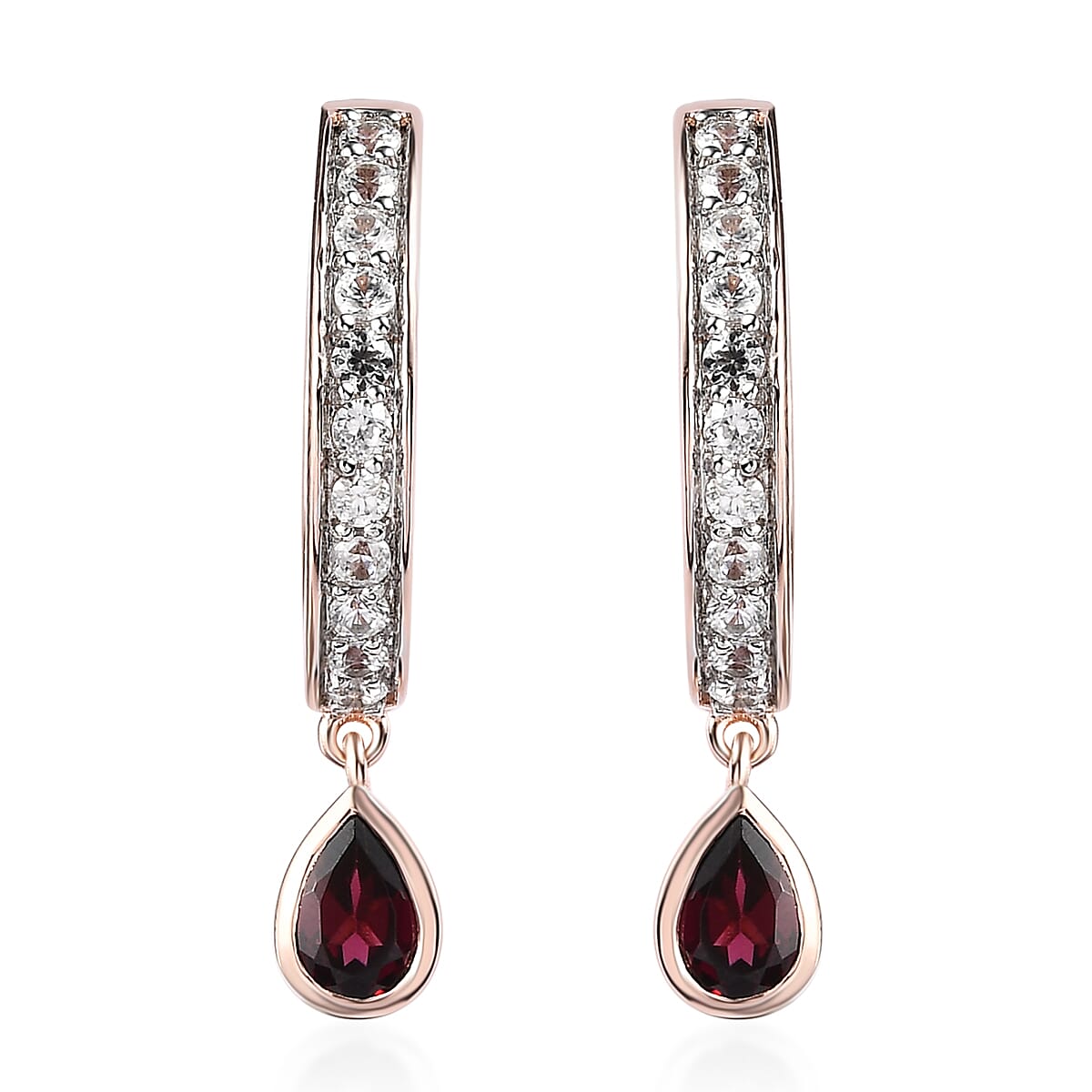 Premium Mozambique Garnet, White Zircon J Hoop Earrings in 18K Vermeil YG Over Sterling Silver 2.10 ctw