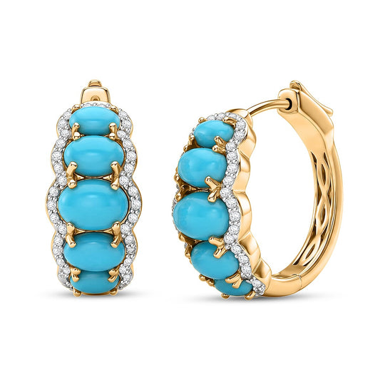 Premium Sleeping Beauty Turquoise, White Zircon J Hoop Earrings in 18K Vermeil YG Over Sterling Silver 4.75 ctw