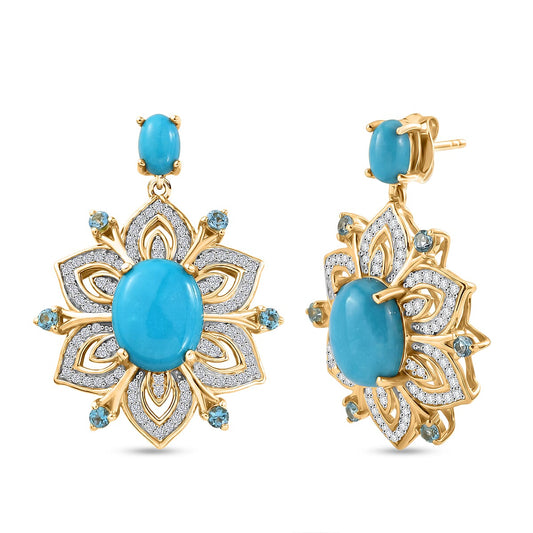Premium Sleeping Beauty Turquoise, Multi Gemstone Stud Earrings in 18K Vermeil YG Over Sterling Silver 6.85 ctw