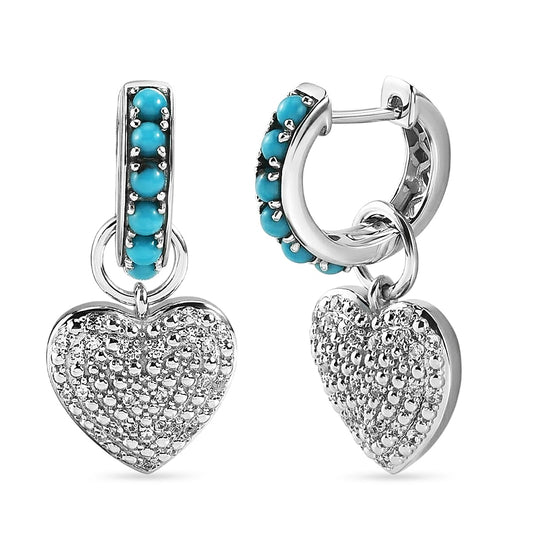 Premium Sleeping Beauty Turquoise, White Zircon J Hoop Earrings in Rhodium Over Sterling Silver 1.35 ctw