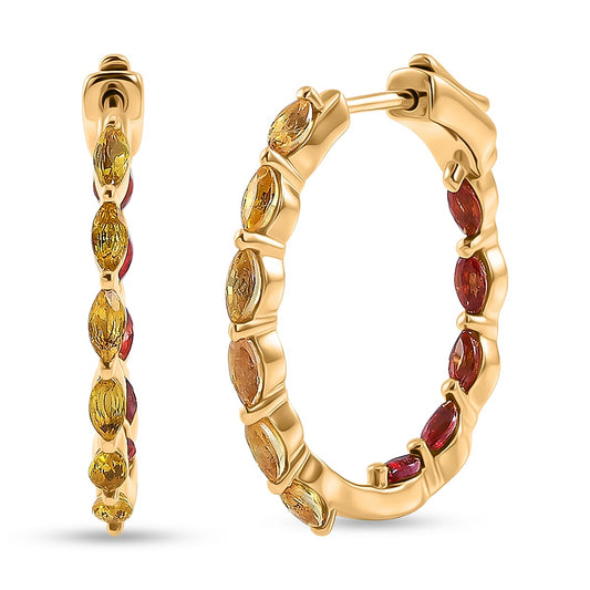 Premium Yellow and Red Sapphire J Hoop Earrings in 18K Vermeil YG Over Sterling Silver 2.45 ctw