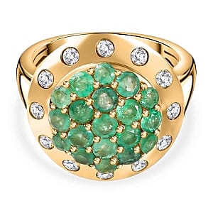 Zambian Emerald , White Zircon Cluster Ring in Vermeil YG Sterling Silver , Silver Wt. 6.12 g 2.77 ctw