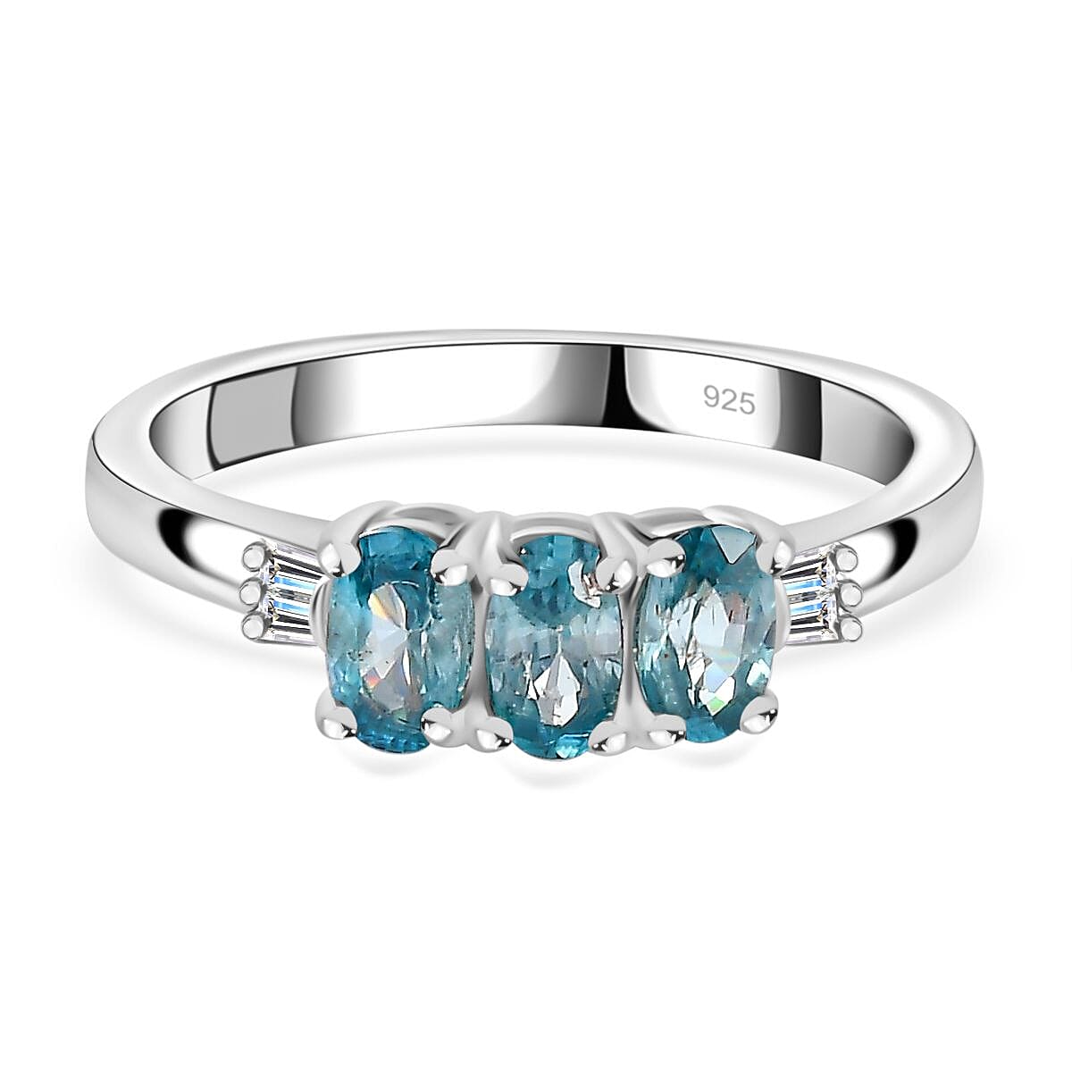 Blue Zircon and White Diamond Ring in Rhodium Over Sterling Silver (Size 10.0) 1.43 ctw