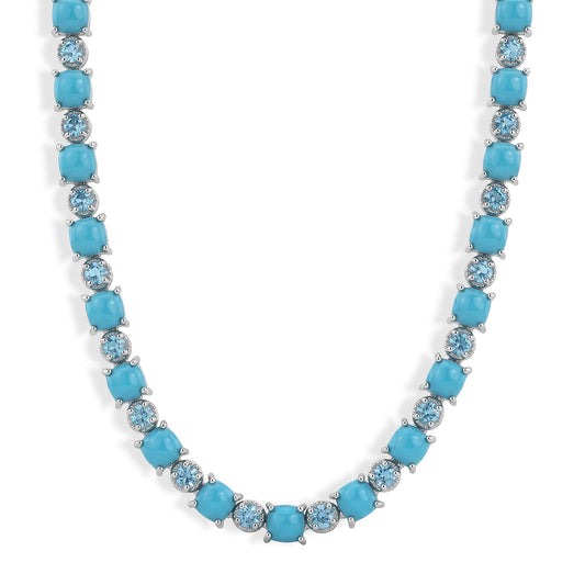 Premium Sleeping Beauty Turquoise, Swiss Blue Topaz Necklace (20 Inches) in Rhodium Over Sterling Silver 13.30 ctw